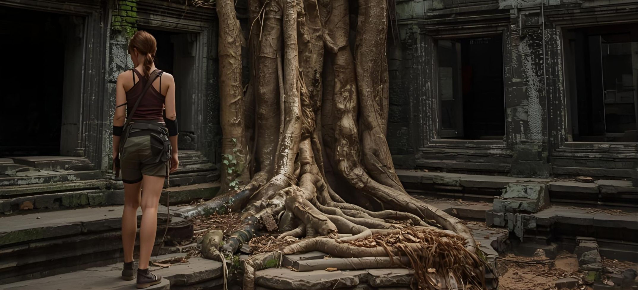 Iconic scene in Lara Croft Tomb Raider shot in the ancient temples of Angkor in Cambodia, particularly Ta Prohm, where tree roots intertwine with the stone structures.