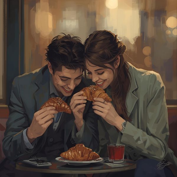 Shared silence of enjoying a perfect croissant in Paris.