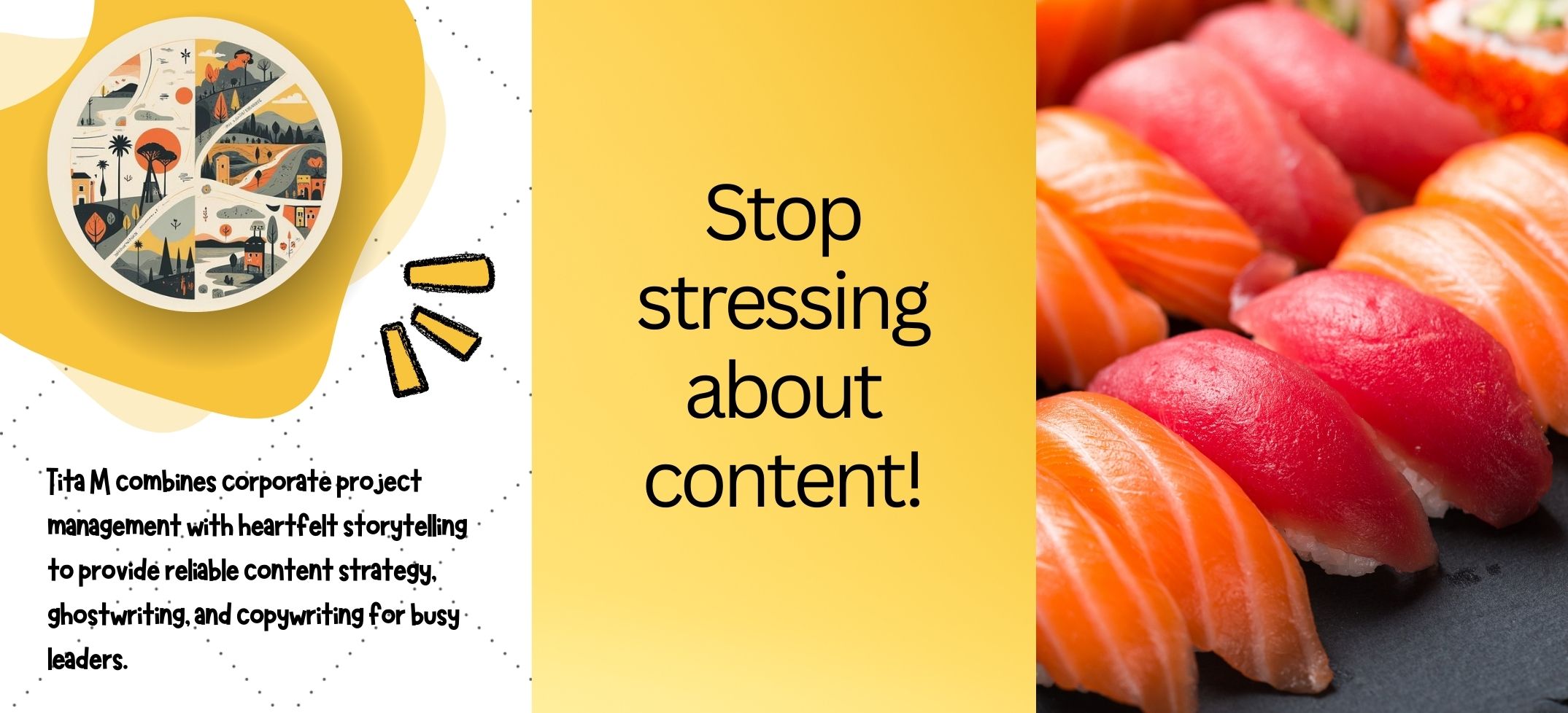 Tita M's plate full of Digital Storytelling, Content Writing, Ghostwriting Services.