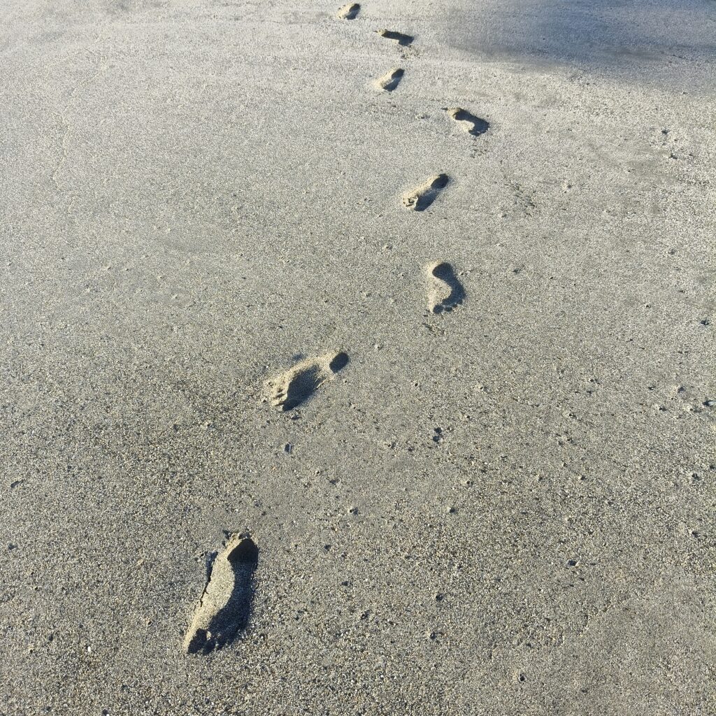 Footprints on the beach in Tubili, left by my sister Bernadete — a breast cancer survivor returning to the sea she missed. A quiet reminder of resilience, healing, and the preciousness of wellness.
