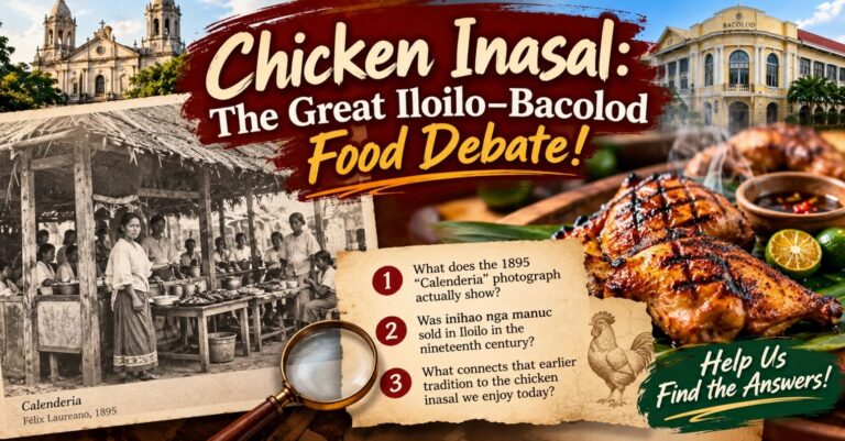 Illustration for “Chicken Inasal: The Great Iloilo–Bacolod Food Debate!” featuring a historical-style food stall, grilled chicken inasal, and questions inviting readers to investigate the dish’s origins in Iloilo and Bacolod.
