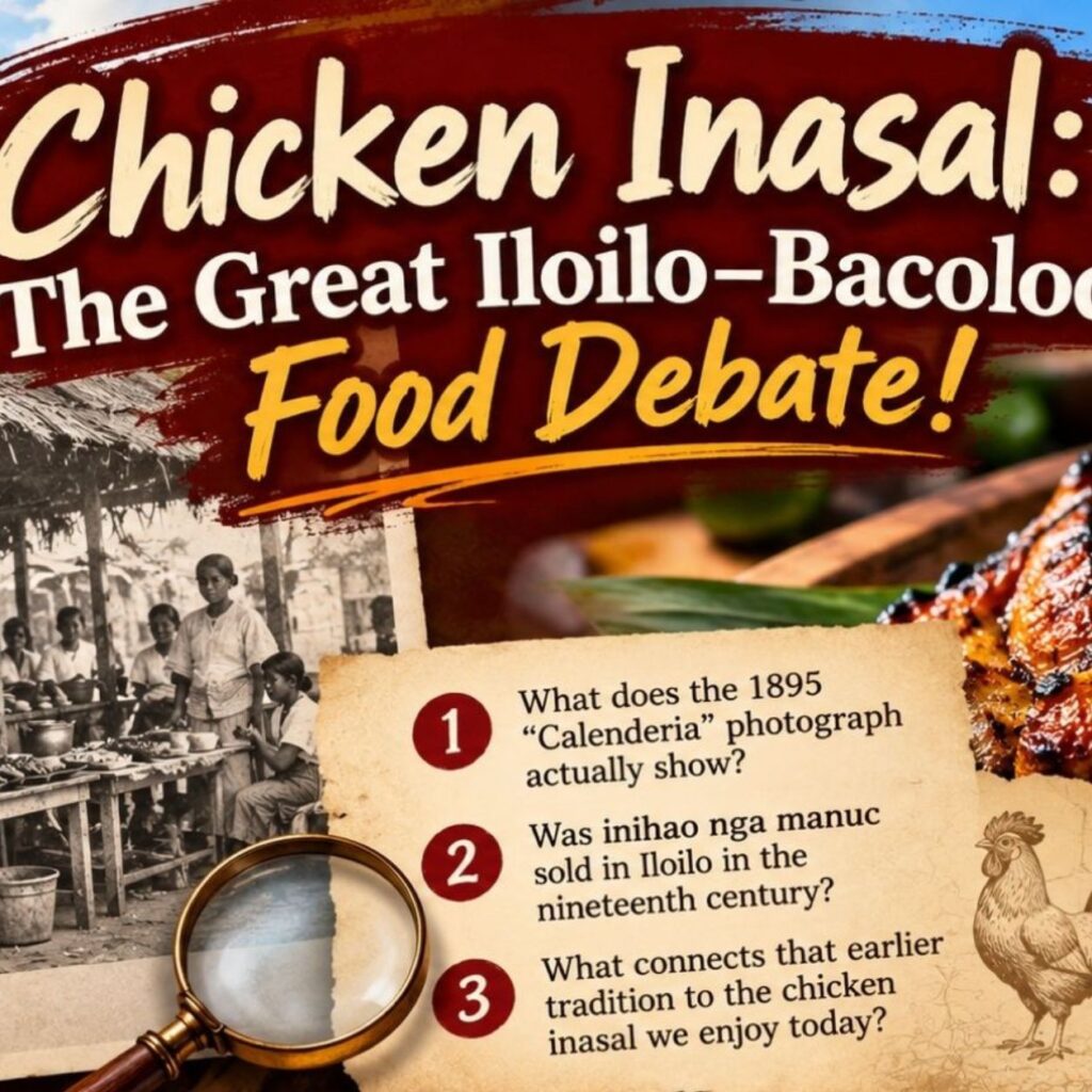 Illustration for “Chicken Inasal: The Great Iloilo–Bacolod Food Debate!” featuring a historical-style food stall, grilled chicken inasal, and questions inviting readers to investigate the dish’s origins in Iloilo and Bacolod.