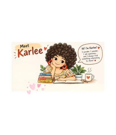 Illustration introducing Karlee, Tita M Wanders’ curious companion, with dark circular curls, red hoop earrings, and a colorful patterned blouse, seated at a desk with books and a heart-decorated mug.