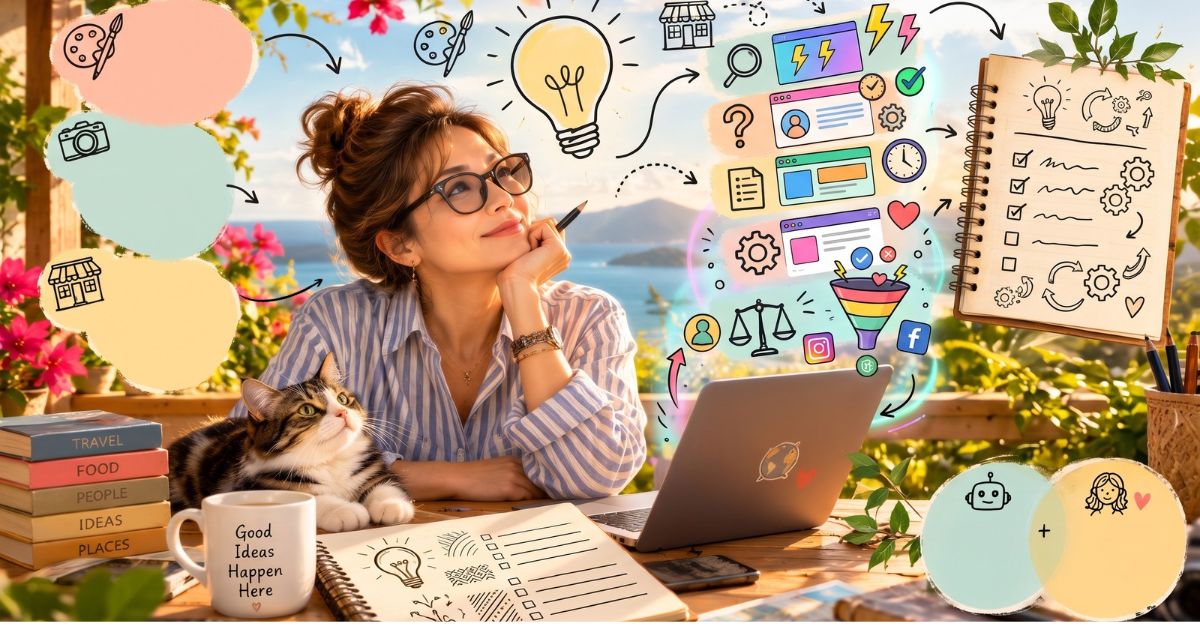 A smiling female entrepreneur with glasses sitting at a sunny desk by the sea, working on a laptop alongside her tabby cat. She looks thoughtfully at floating colorful icons, blank checklists, and doodles representing digital tools and brainstorming.