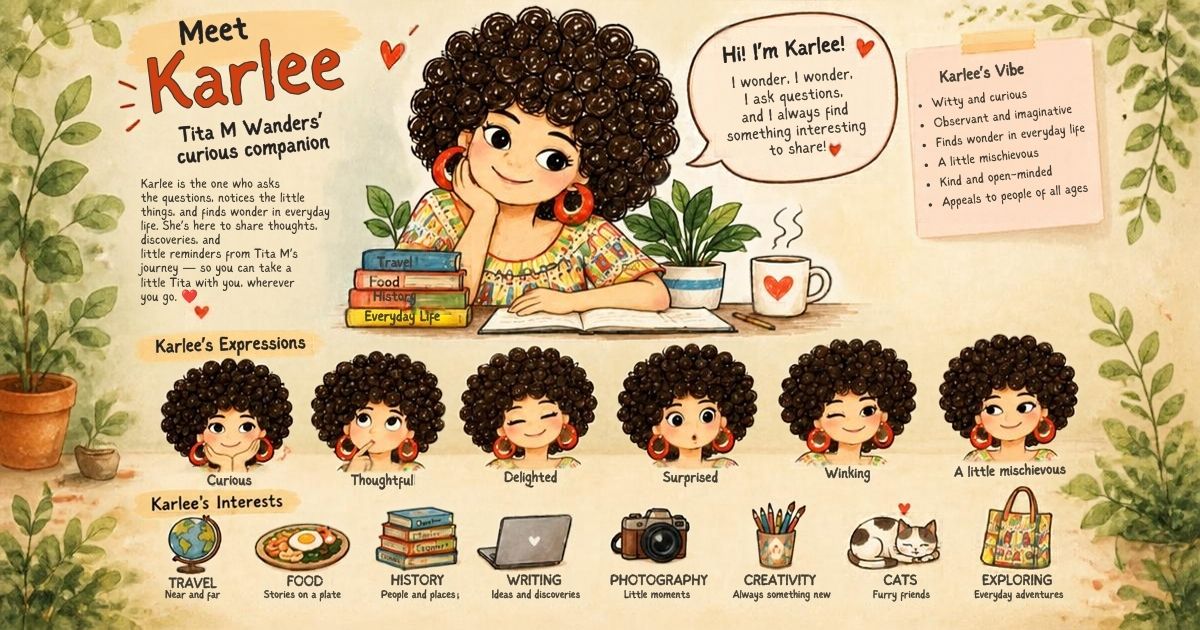 Illustration of Karlee, a hand-drawn character with those adorable little circular curls, big red hoops, and a mischievous smile… to a curious companion with a name, a personality, and a little world waiting to be explored!