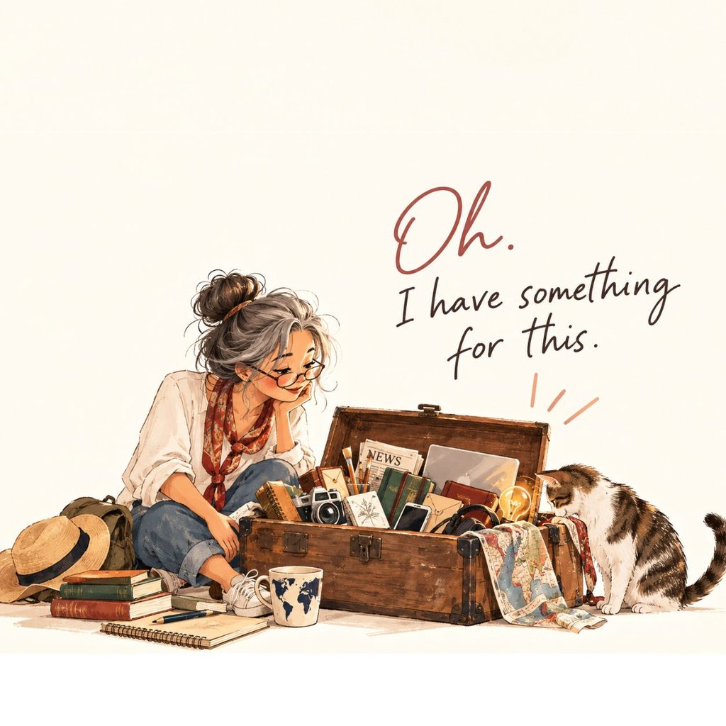 Illustrated woman opening an old trunk filled with books, notebooks, a camera and creative tools, with a curious cat beside her.