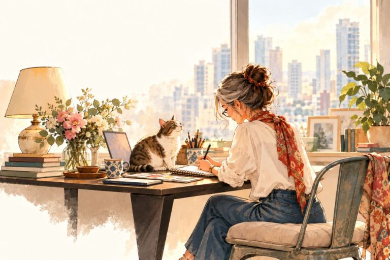 Illustration of a woman exploring creative ideas with AI at her desk, accompanied by her lovely curious cat.