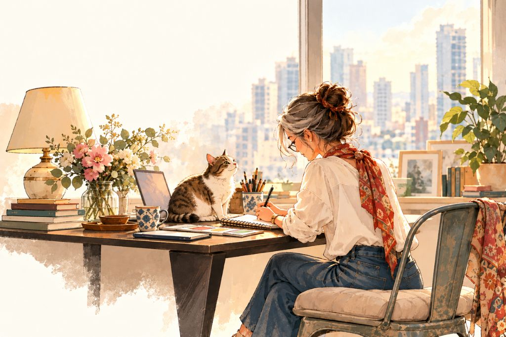 Illustration of a woman exploring creative ideas with AI at her desk, accompanied by her lovely curious cat.