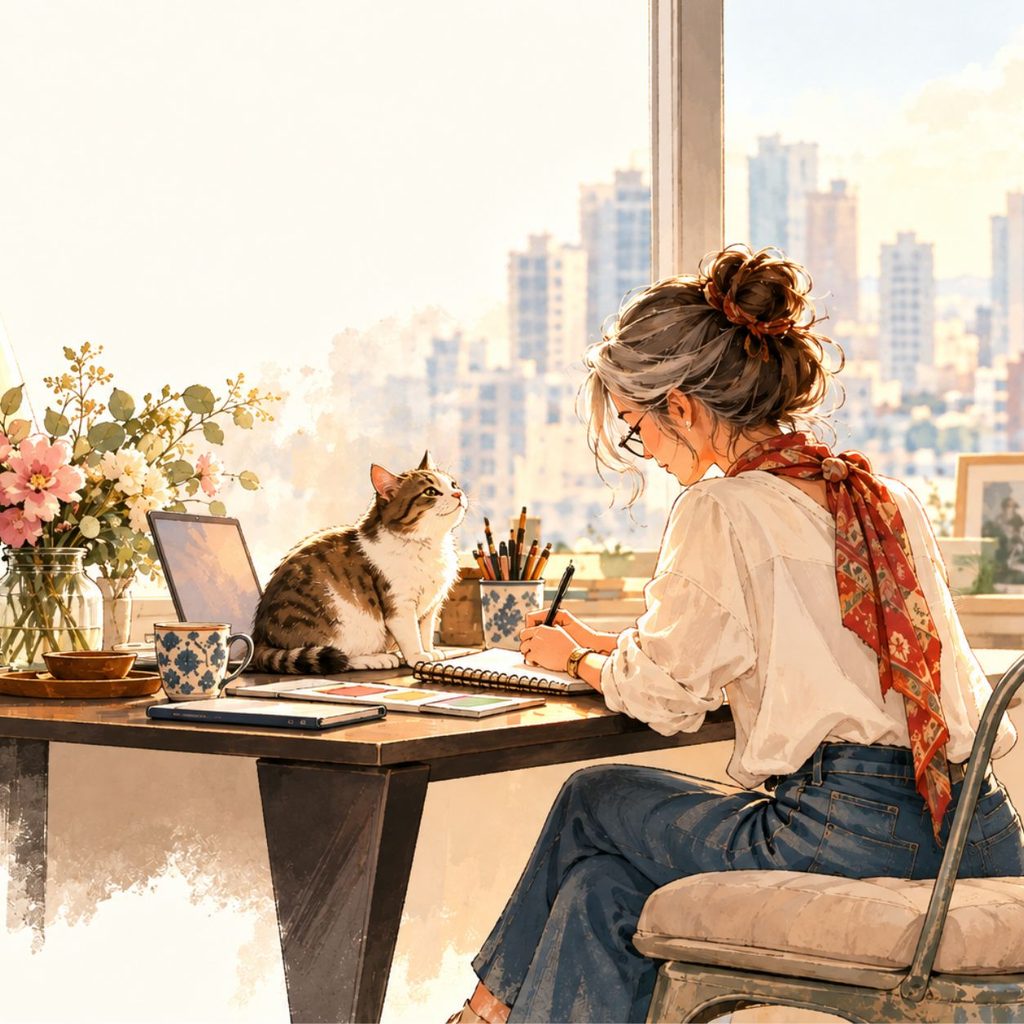 Illustration of a woman exploring creative ideas with AI at her desk, accompanied by her curious loving cat.