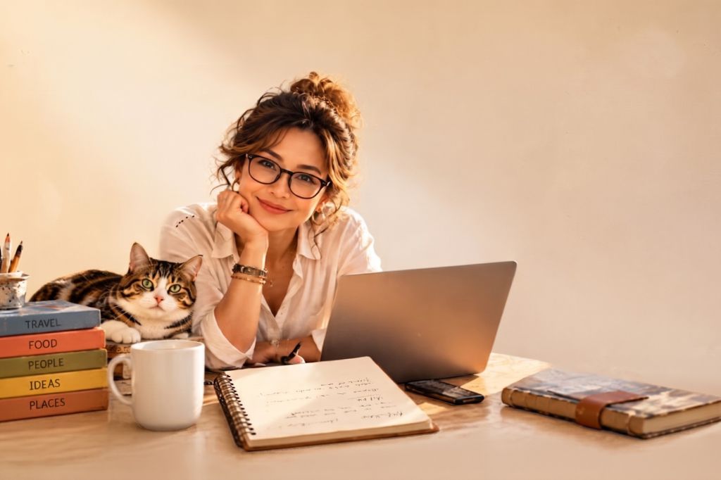 A smiling woman with glasses working on a laptop at a sunny desk, accompanied by a tabby cat, an open notebook, a stack of books labeled travel, food, people, ideas, and places, and a coffee mug that reads "Good Ideas Happen Here".